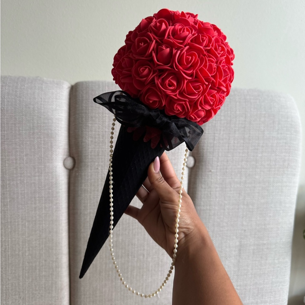 Red Foam Rose Ice Cream Cone Pearl Detail